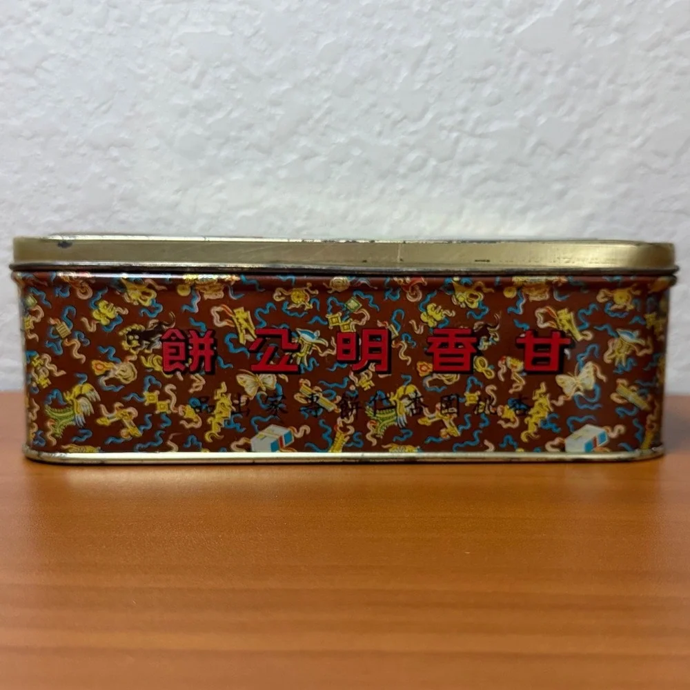 Vintage Ming Kung Cake Tin Box Hung To Yuen Co Hong Kong Hinged Litho Chinese